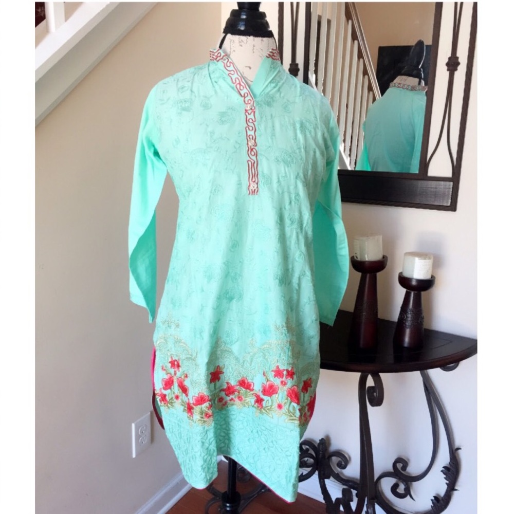 Mint Green Embroidered Tunic with Floral Hem